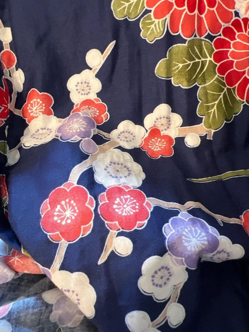 VINTAGE 60s/70s John Wanamaker XL Cotton Blue Floral Kimono Dressing Gown Robe