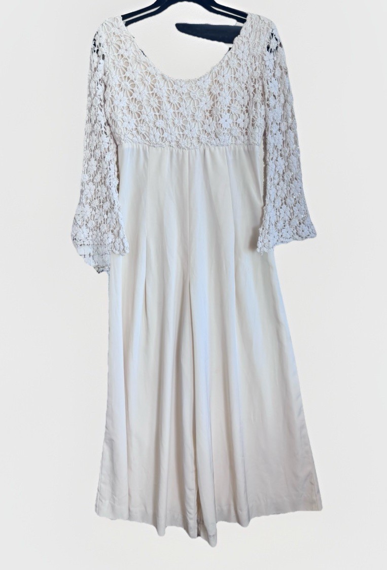 Vintage 70s Halo Sport Fashions Crochet Lace Beige Hippie Boho Jumpsuit Romper