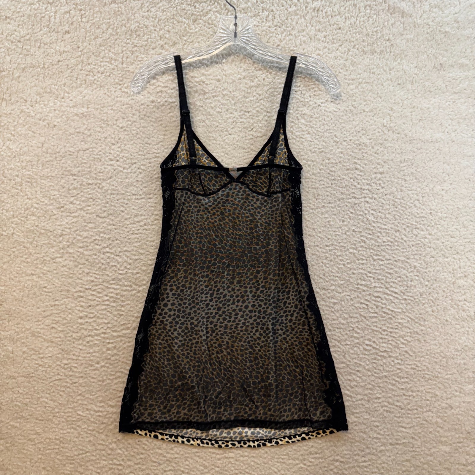 Y2K Vintage Dolce & Gabbana Mini Slip Dress XS Black Leopard Cheetah Sheer Mesh