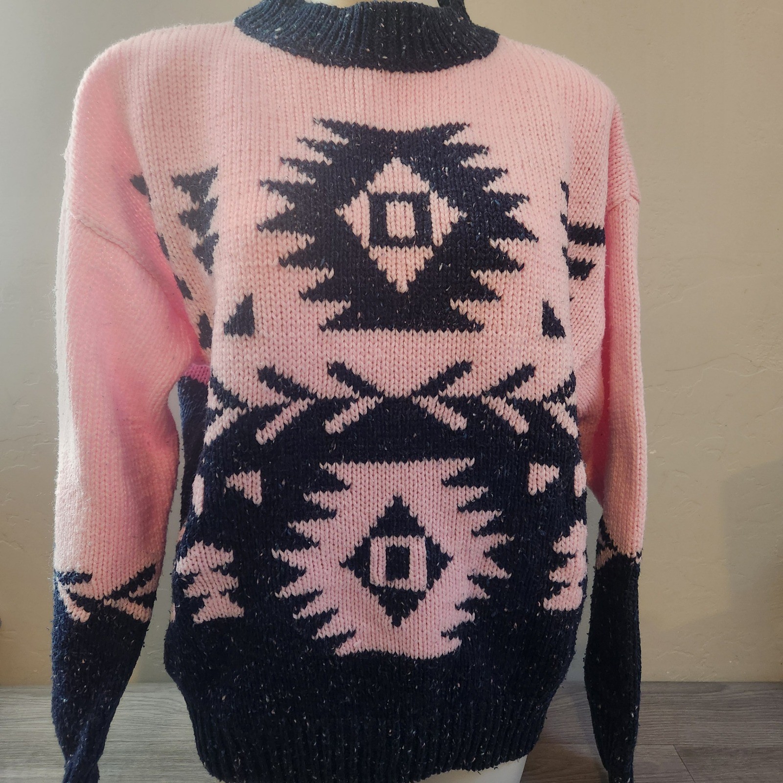 Vintage NUOVO Pink Navy Knit Sweater Size L Speckled Mock Neck Aztec Chunky Wool