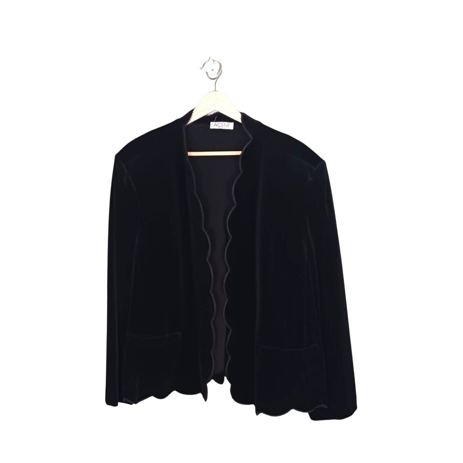 Vintage Black Velvet Scalloped Jacket USA Union Made Open Front Womens XL
