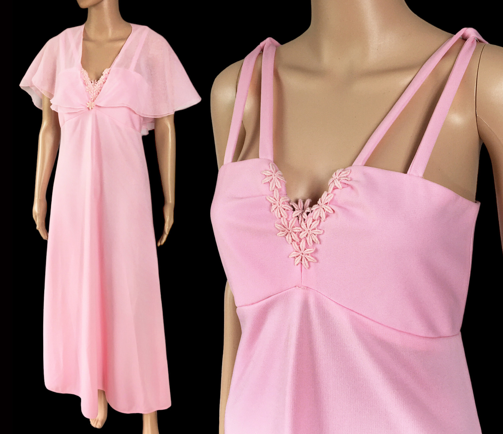 2 Pc Vintage 70s Pink Maxi Dress w Daisy Applique & Chiffon Capelet Shawl Cape S