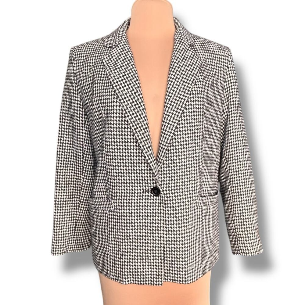 Vintage 80s Dumas Black White Houndstooth Wool Blazer USA Union Made Medium