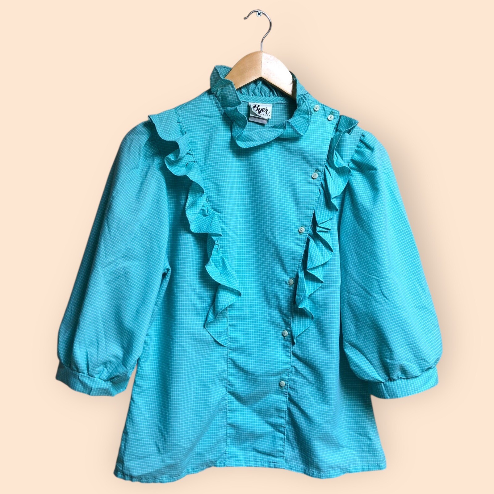 Vintage 60s/70s Byer California Retro Teal Ruffled Button Front Blouse Women’s L