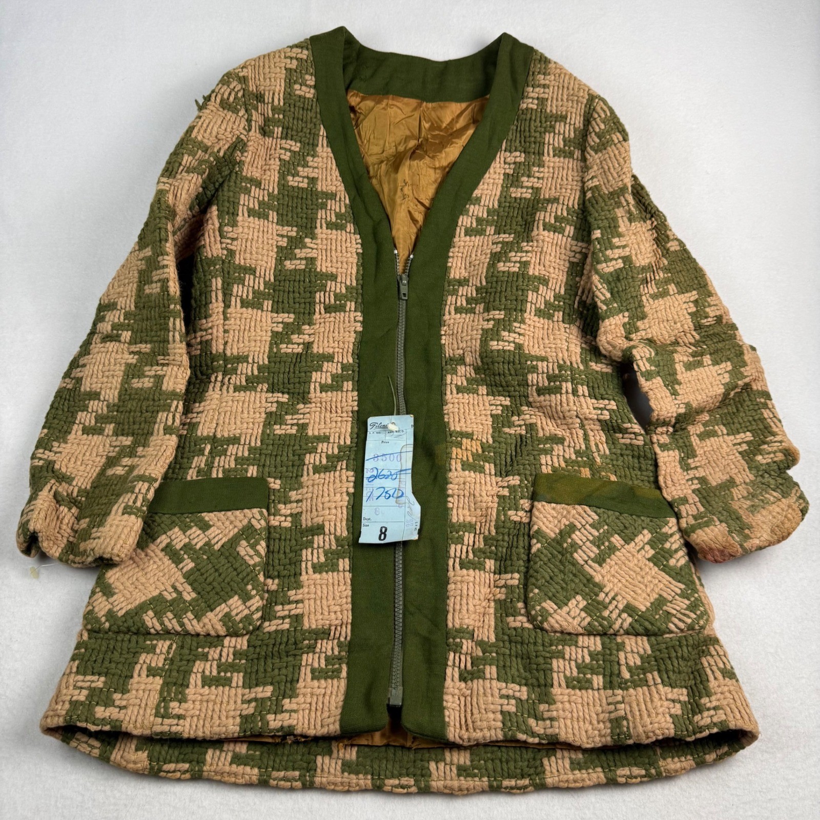 Vintage 60s ILGWU Union Made Jacket Filene’s USA Tapestry Green Tan Zip Womens S