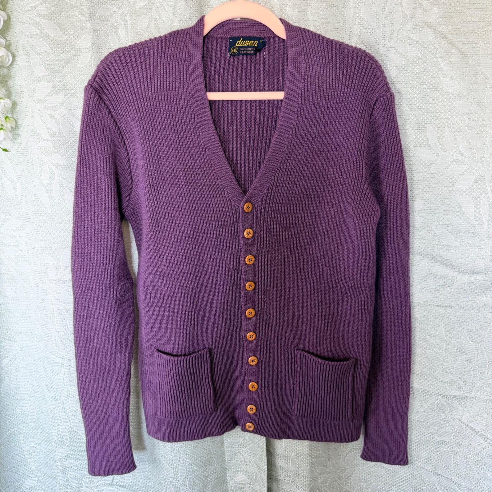 Dusen Spain Vintage Purple Ribbed Knit V-Neck Button Front Cardigan Sweater