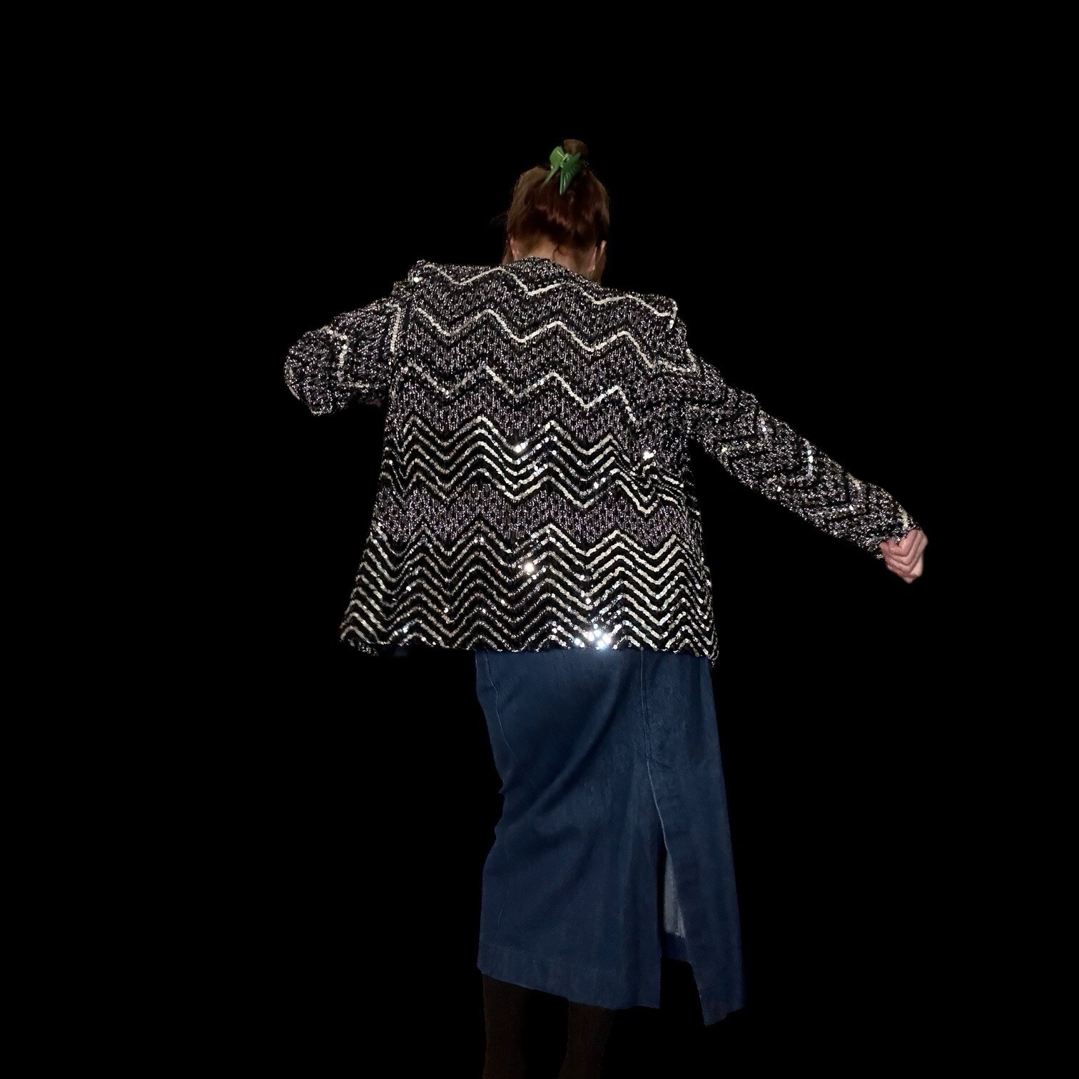 Vintage 80s Glam Formal Black & Silver Zig Zag Barclay Square Blazer Jacket