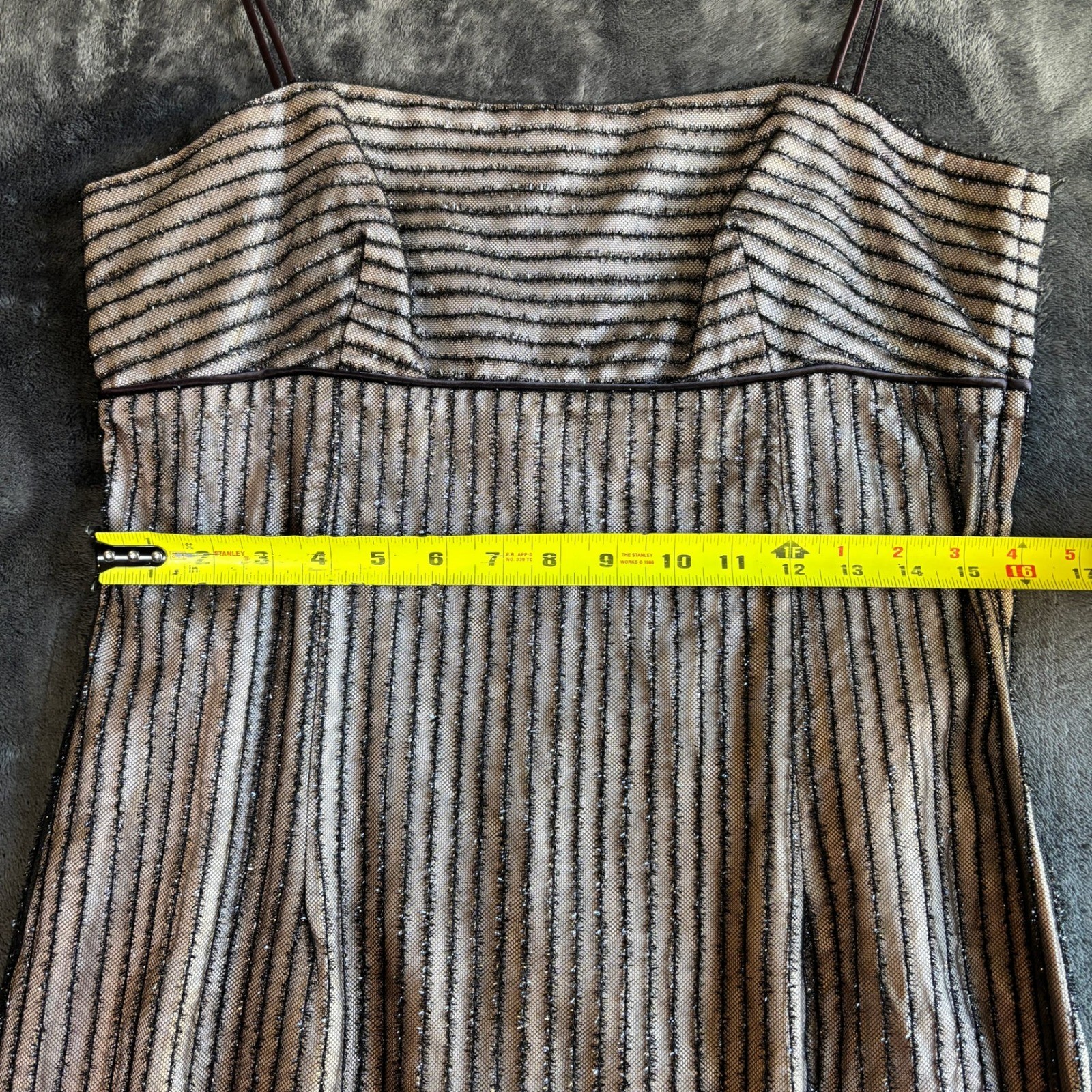De-Laru by Sheila Yen Vintage Silver Metallic Striped Maxi Dress Size 13/14 4481