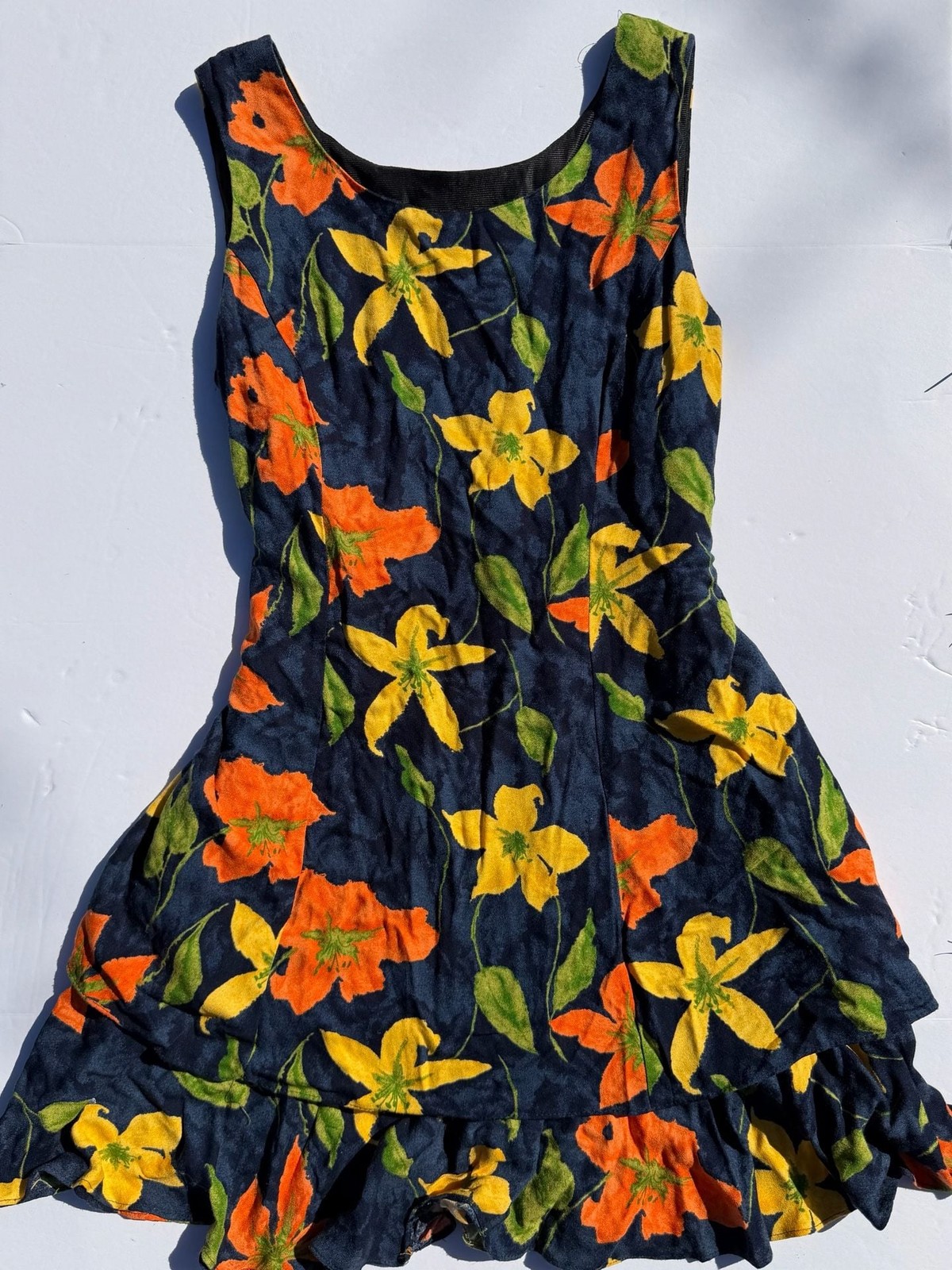 Vintage S.L. Fashions 90s Rayon Floral Print Sleeveless Fit and Flare Mini Dress