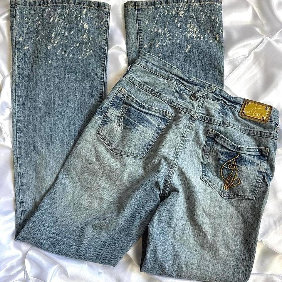 Baby Phat Vintage Y2K Flare Jeans Blue Paint Splatter Cat Logo Denim Size 3