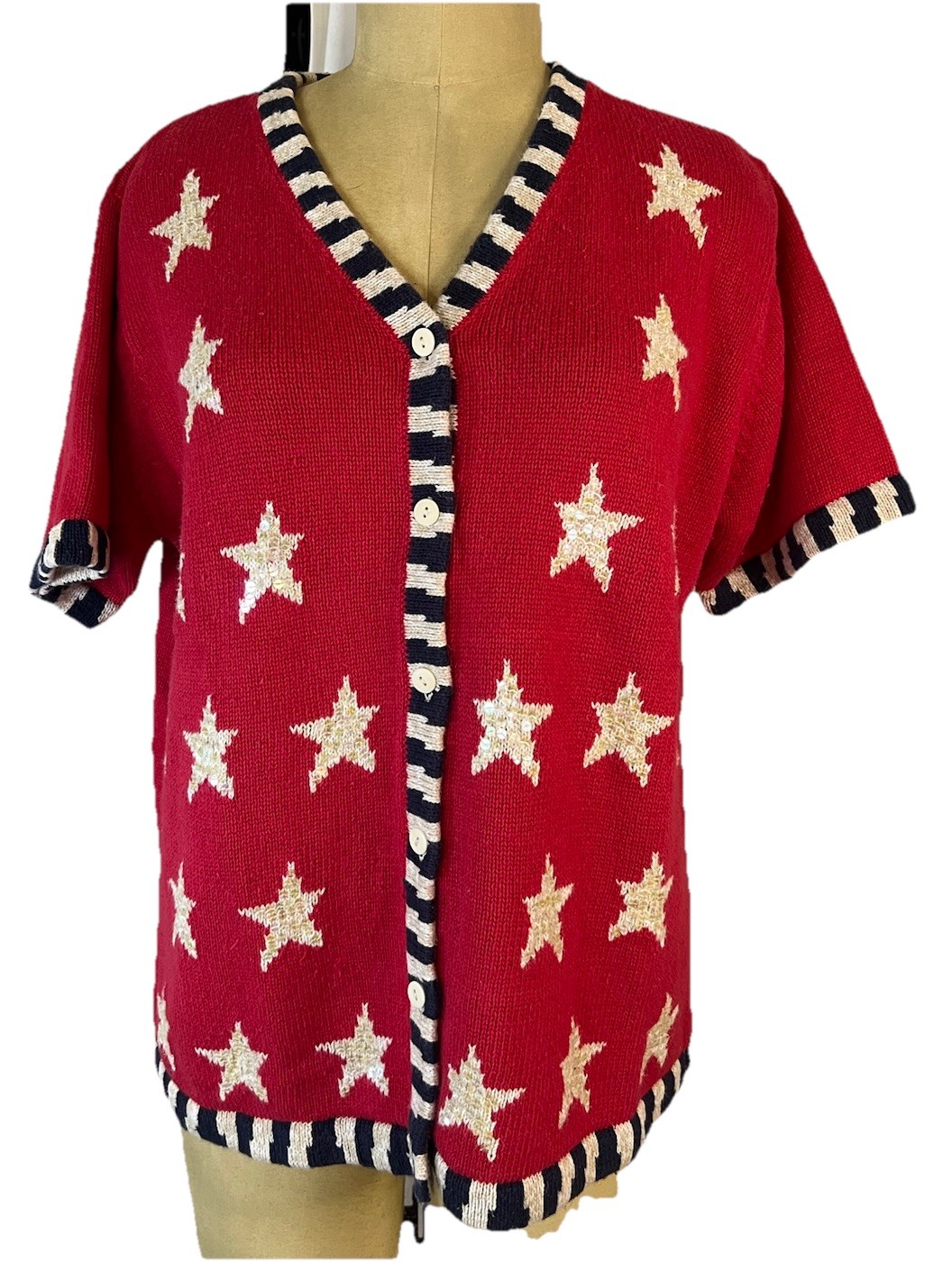 Quacker Factory Vtg 90’sS Sl Chunky Knit Red W/ Sequin Stars Sweater L