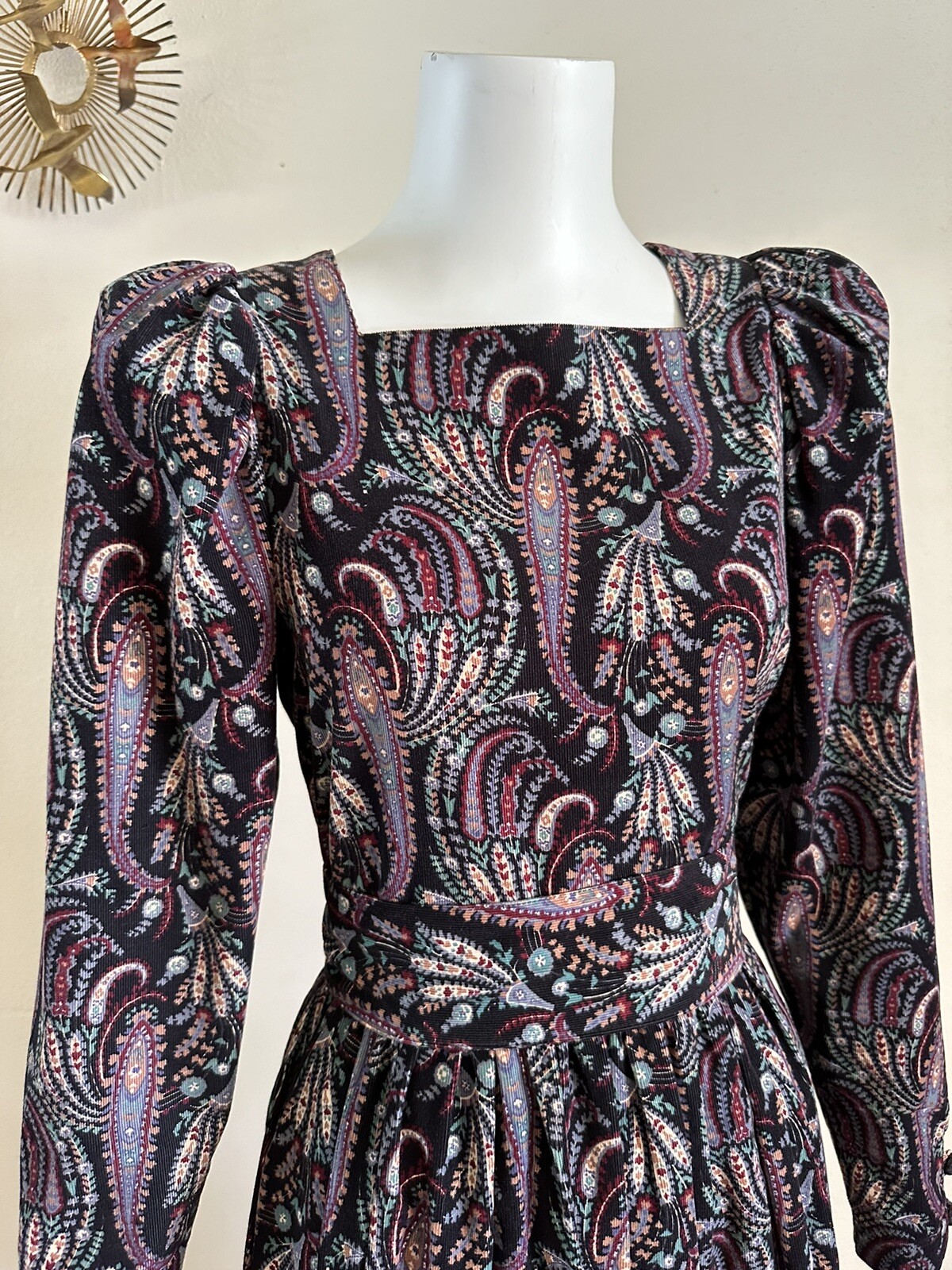 1980s Laura Ashley Paisley Floral Corduroy Dress Puff Sleeve Party Prairie VTG