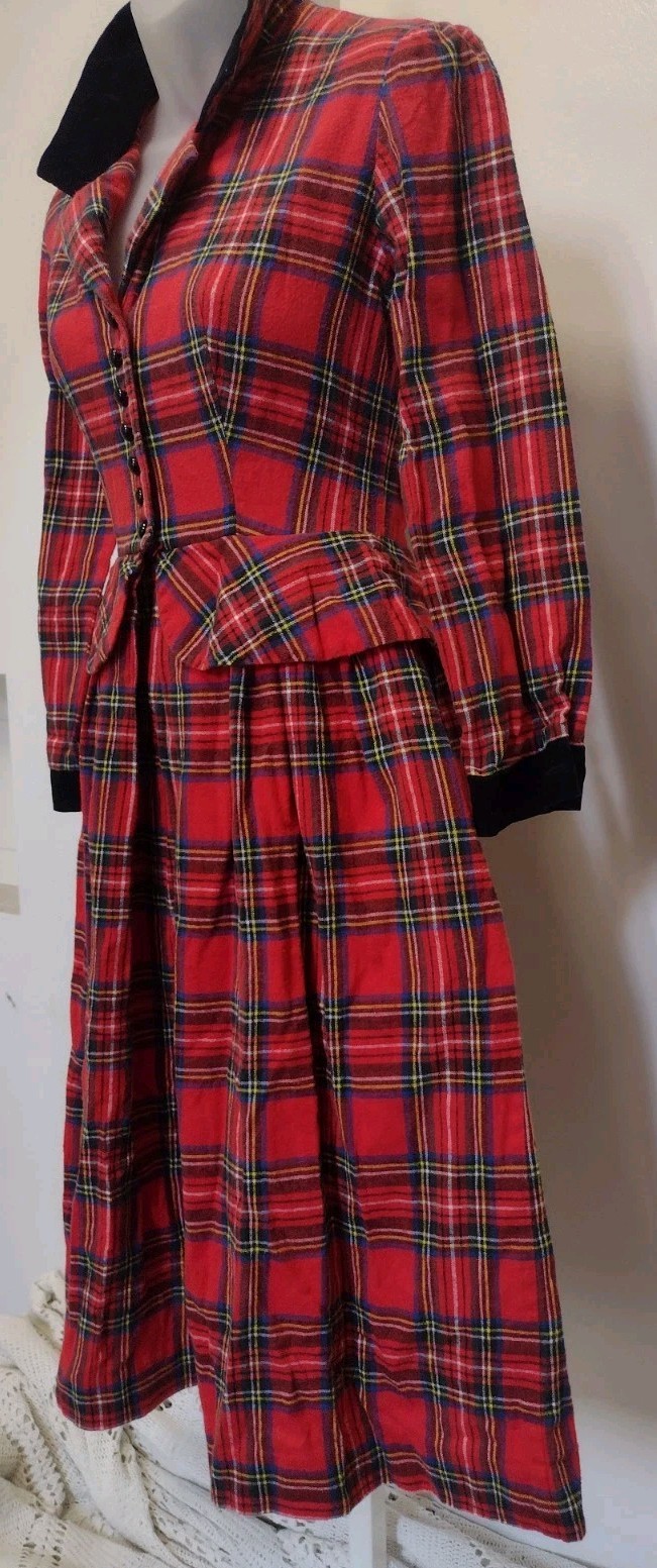 Vintage Petite Lanz Red Plaid Flannel Dress Peplum Corduroy Tartan 80s USA