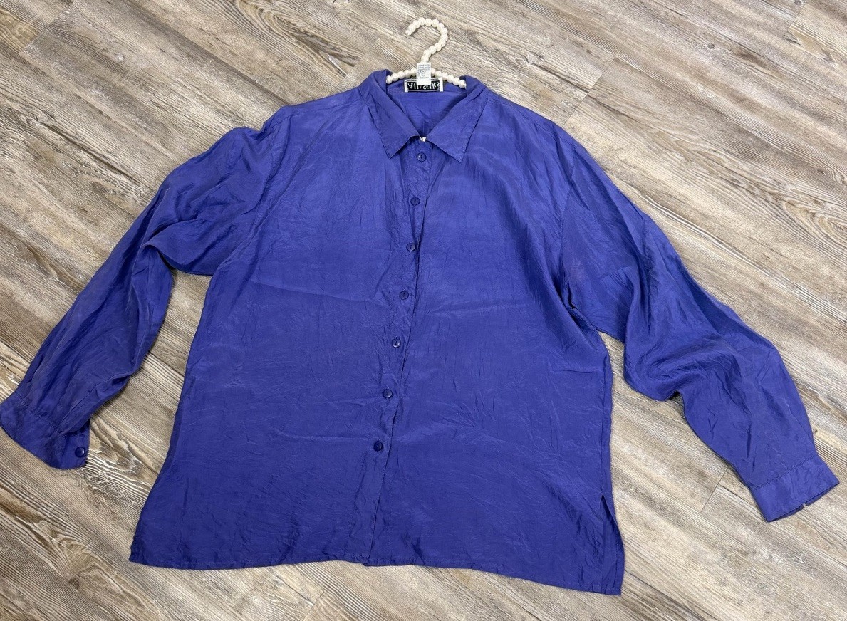 VTG Y2K All Silks Women’s Purple 100% Silk Button Up Long Sleeve Collar Shirt L