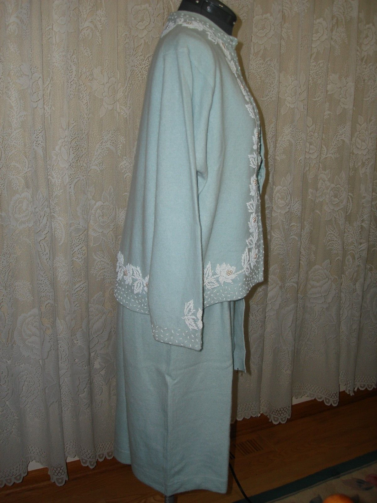 Vtg 50s Prince Beautiful Unique Set Dress Sweater Ice Baby Blue White Beaded M