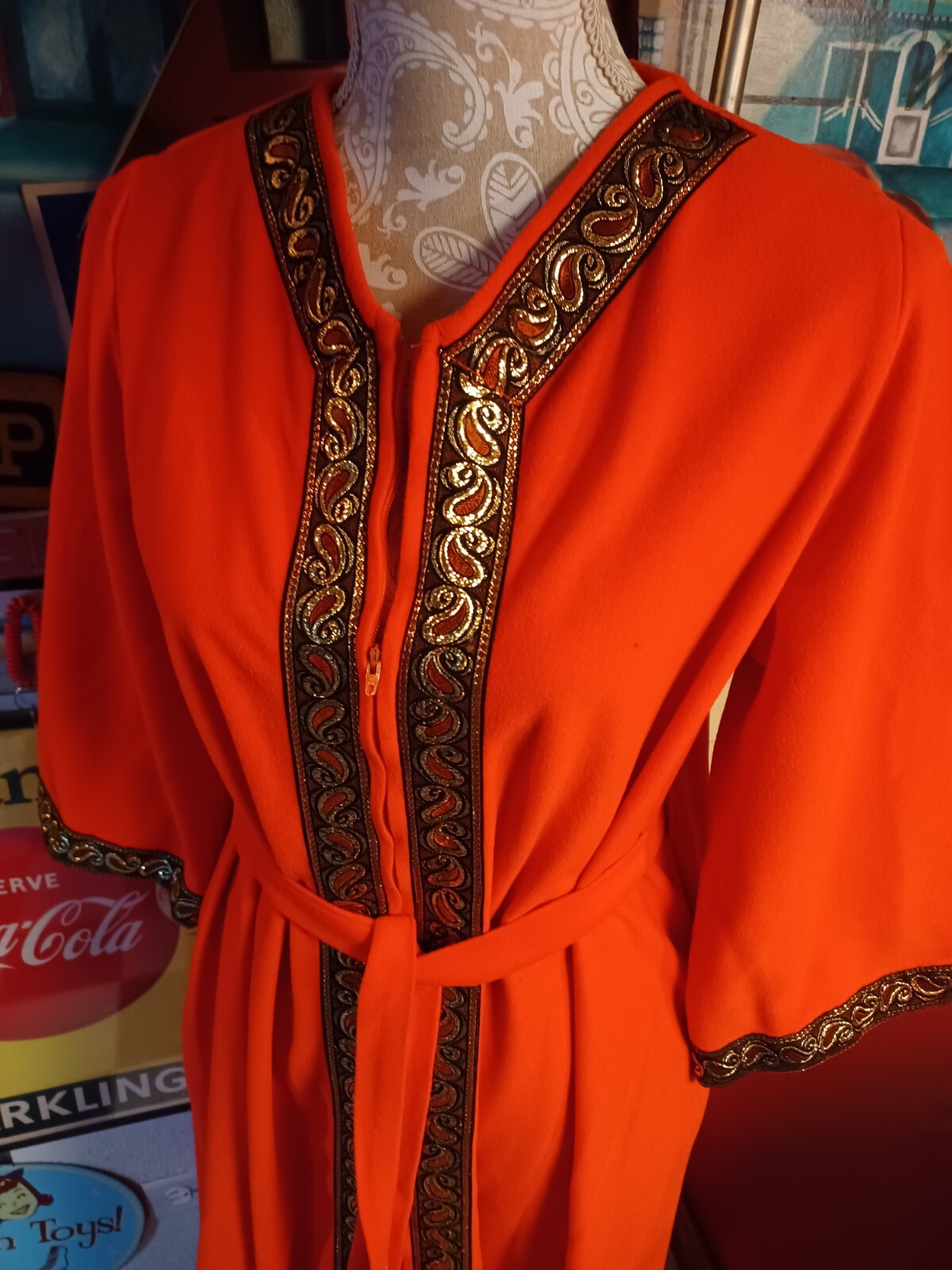 True Vintage Mid-century 1960s Orange Robe With Brocade Trim MCM MOD ONE SIZE