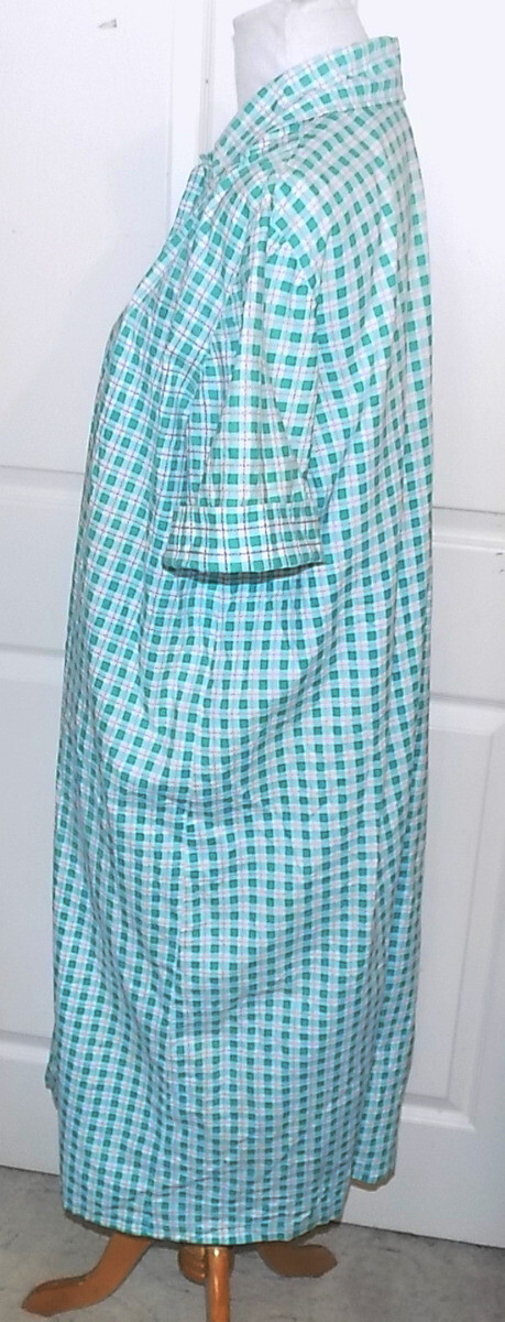 Vintage 40s 50s Aqua White Plaid Cotton House Robe B48