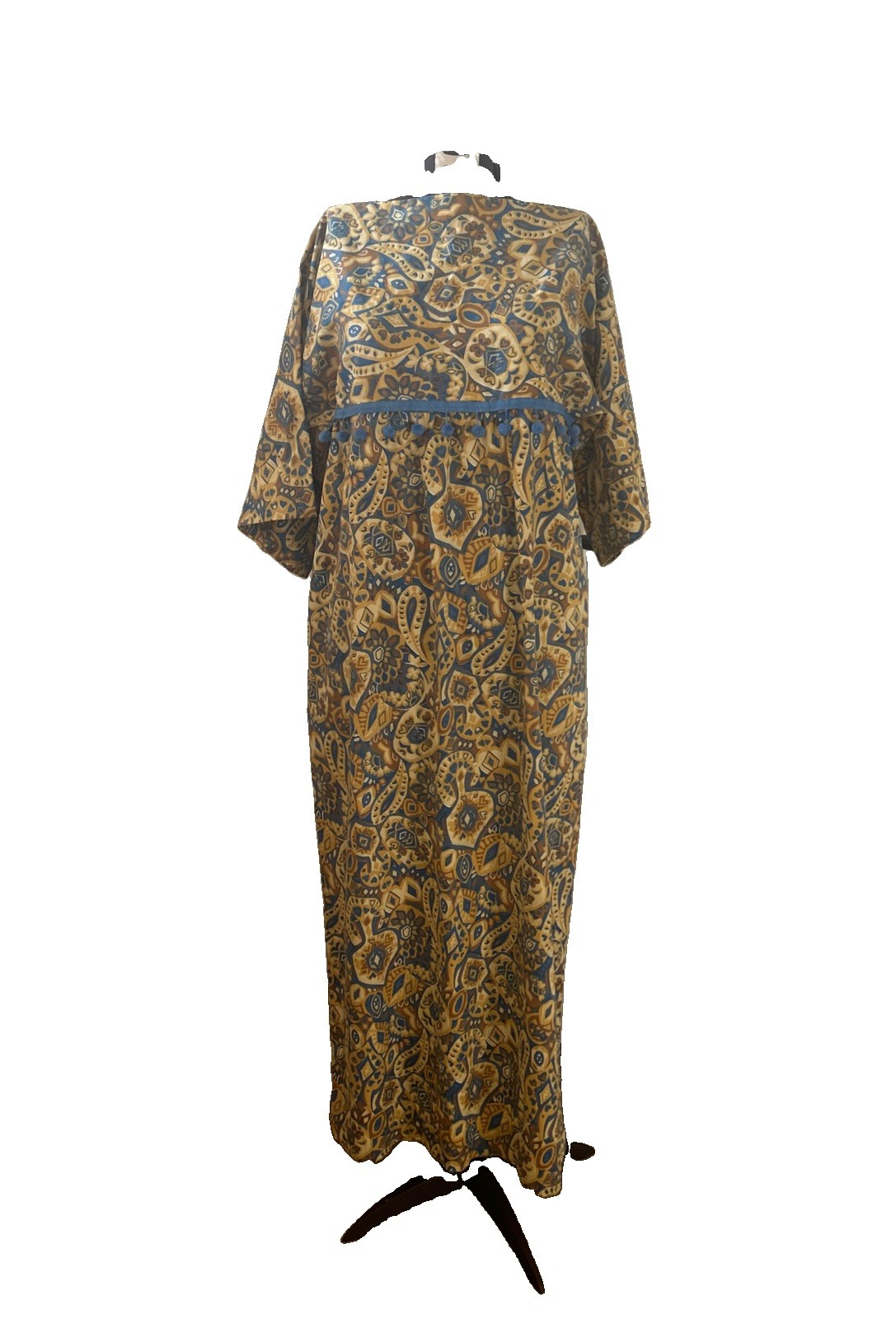 Vintage 1960’s Handmade Gold/Blue Paisley Print Caftan Maxi With Ball Fringe M