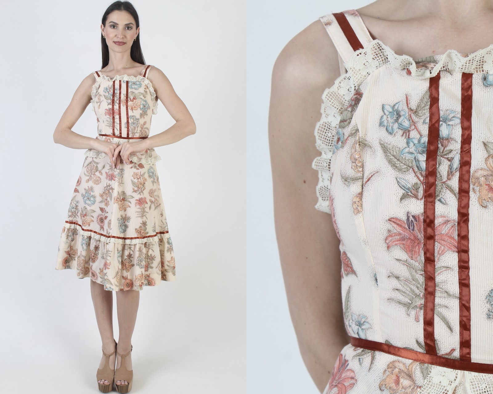Vintage 70s Peplum Sundress Prairie Cottagecore Boho Wedding Peasant Mini Dress