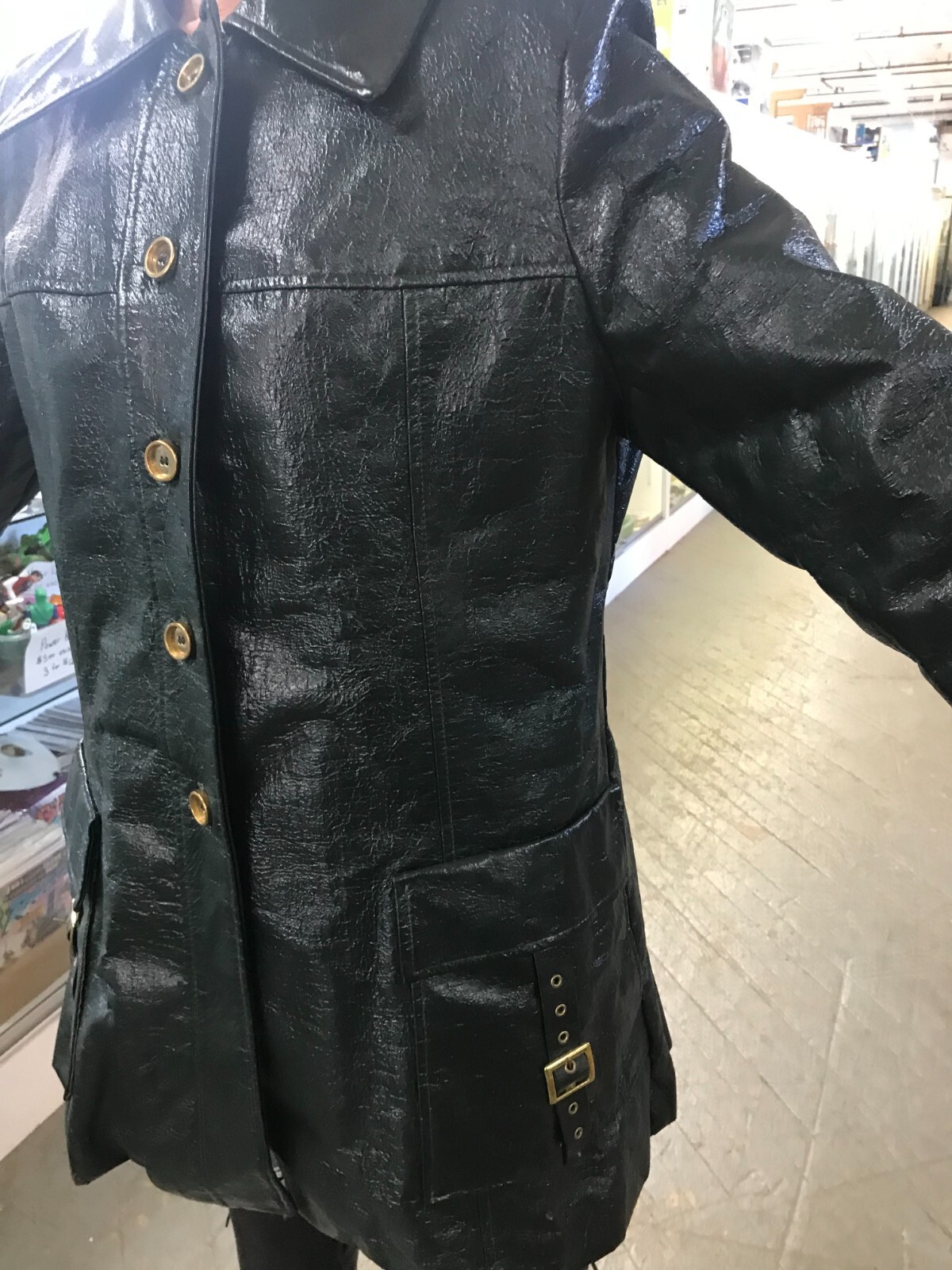 Vtg Swingles by Character MCM 70s Hippie Black Crinkle Pleather Jacket Coat Med