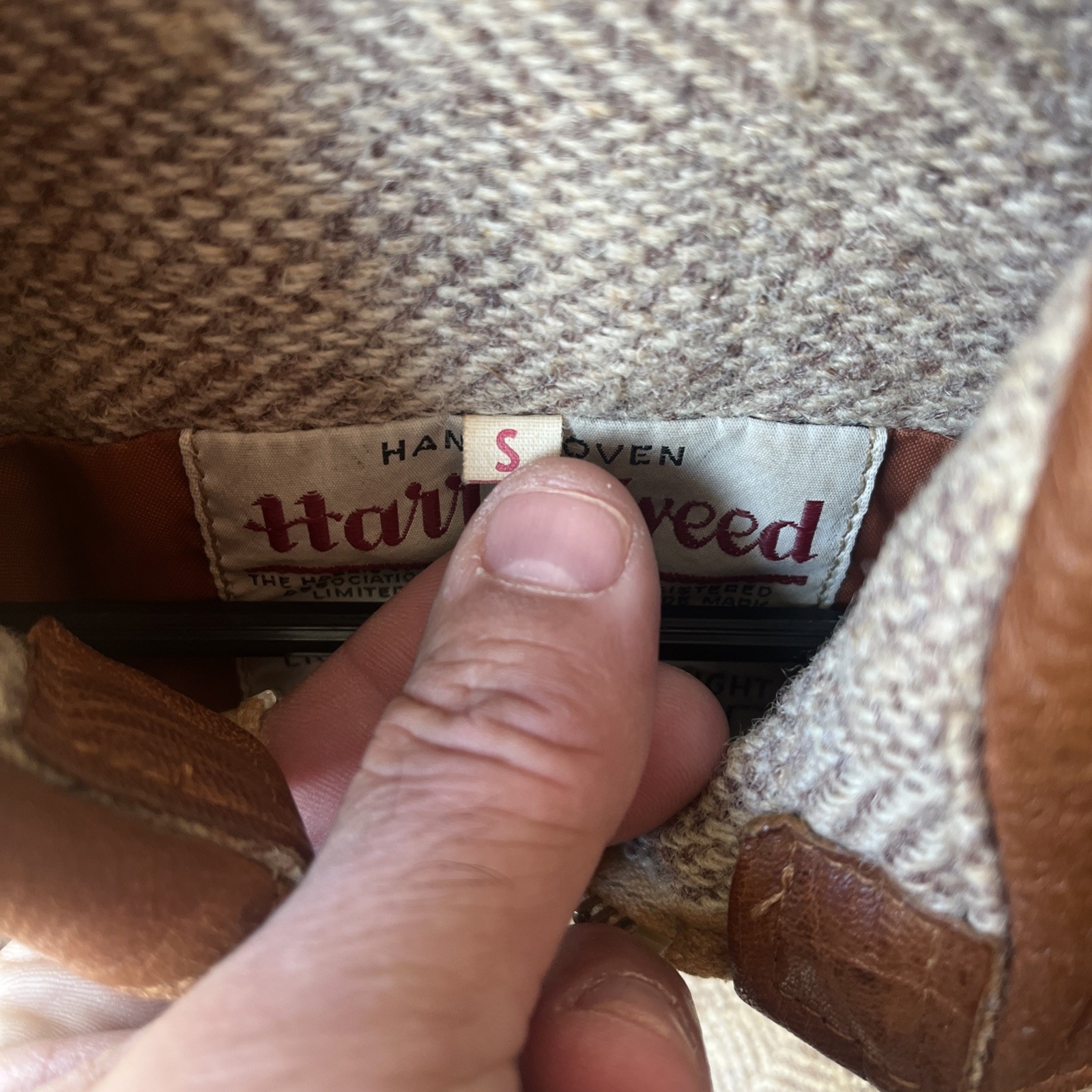 Vtg Harris Tweed Wool Jacket Size S Brown Leather Elbow Patch & Collar Zip READ