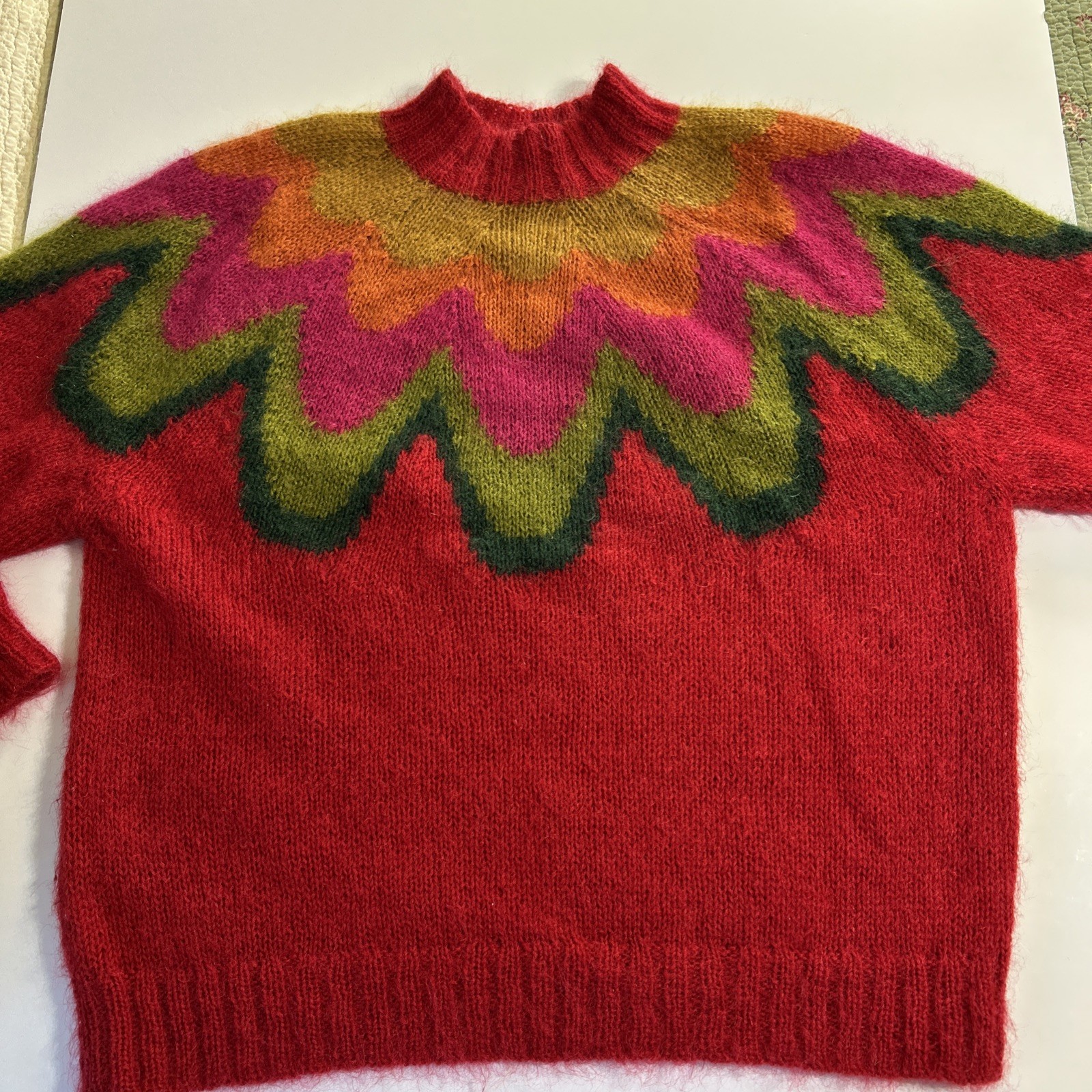1980’S SWEATER MAURICE SASSON KIKIT RED MOHAIR MOCK TURTLENECK MEDIUM ZIG ZAG