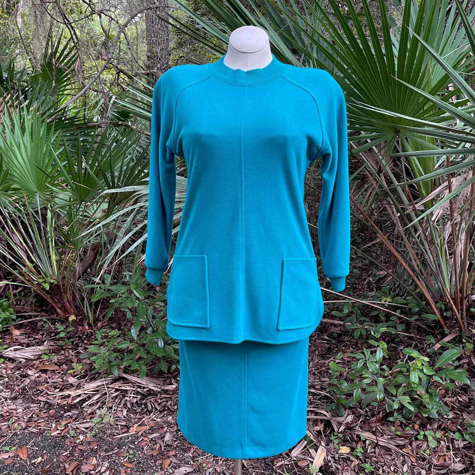 Vintage 80s Teal Knit Skirt Set Sweatshirt Long Sleeve Country Suburbans Size 12