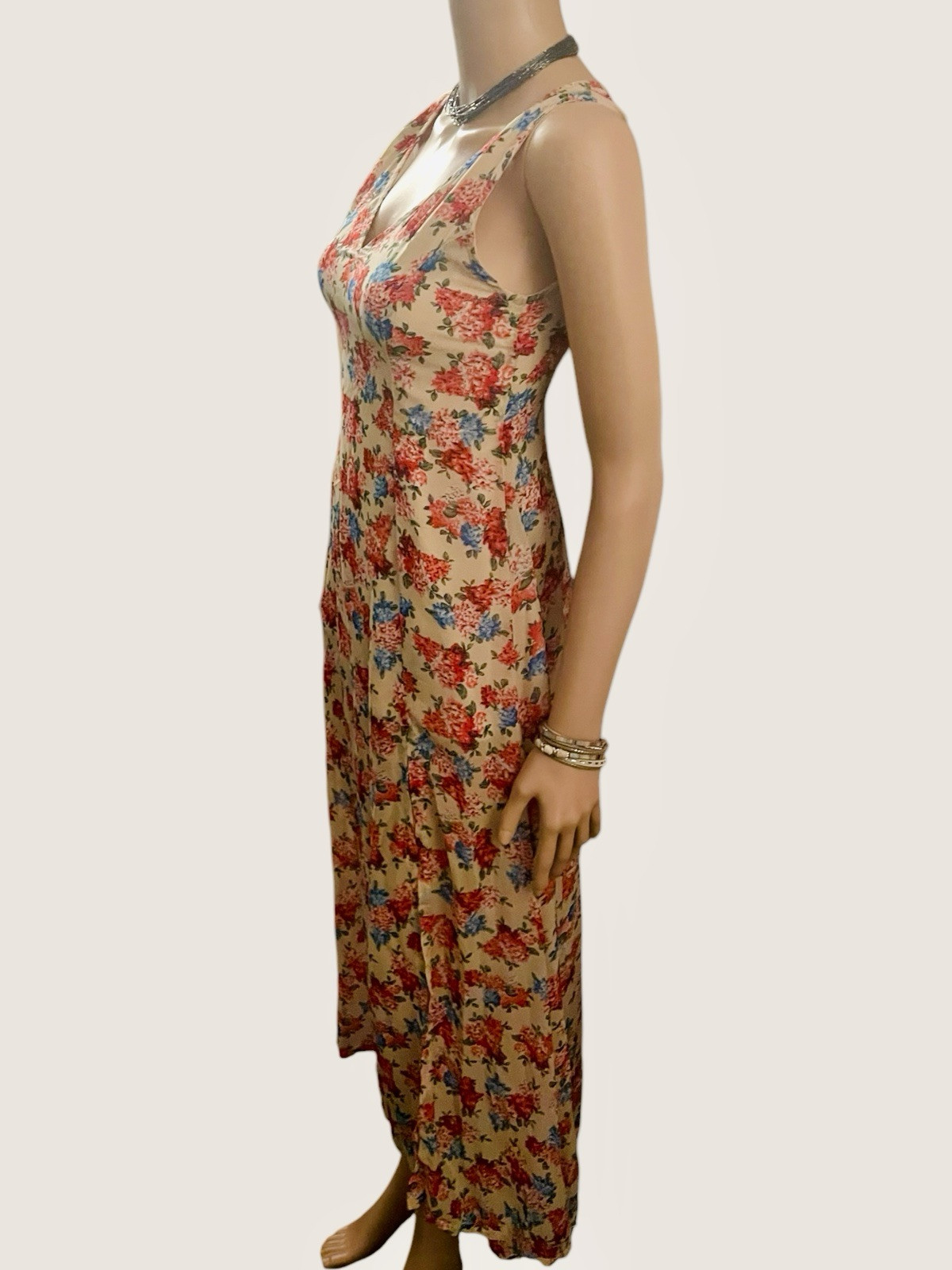 Vintage Silk Dress 1970s Floral Sheer Maxi Sexy Side Split V Neck Cottagecore S