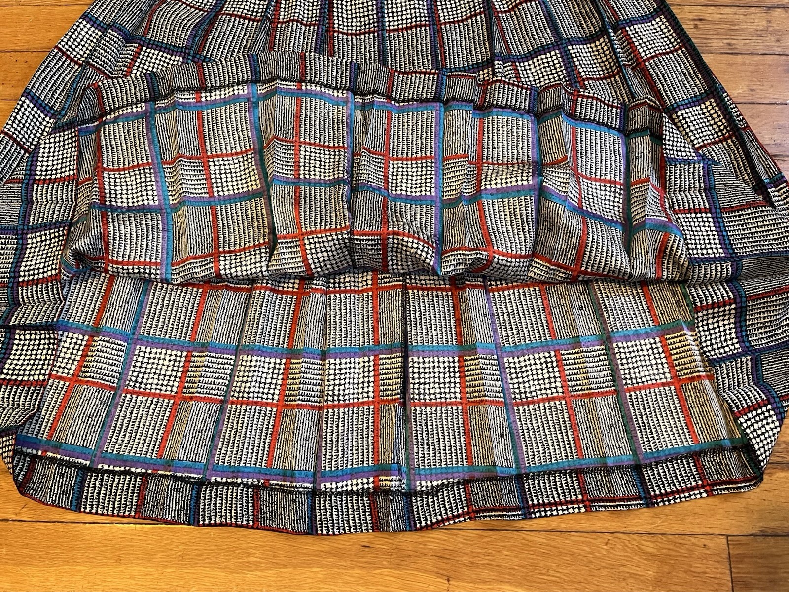VINTAGE Starington Silk Blouse Skirt Scarf Set Women’s 12 Plaid Grey Blue 80s