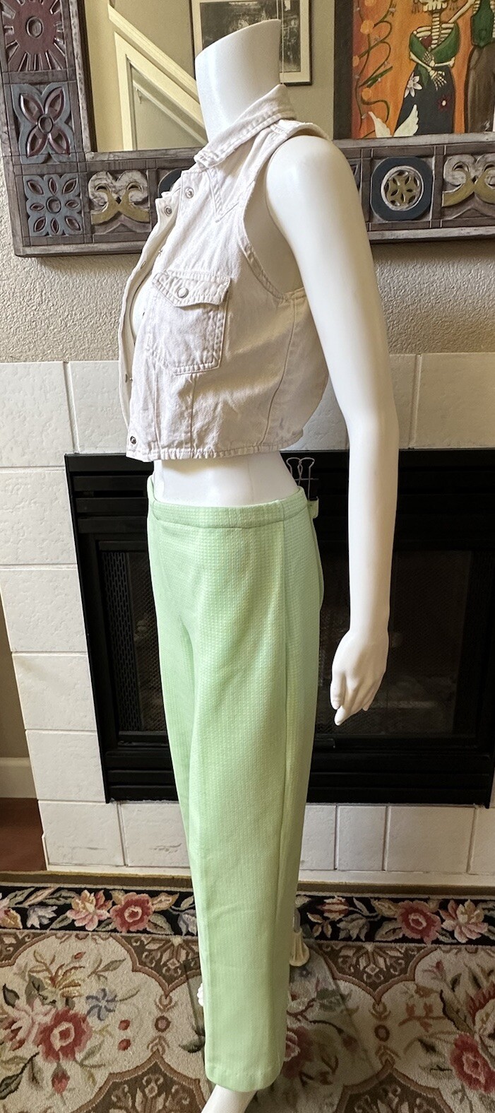 Green Plaid Polyester Pants 31×28 Lightweight Elastic Waist Vtg 70’s