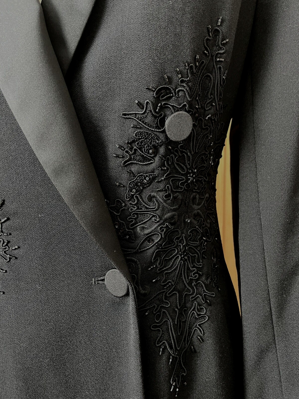 Stunning VTG Formal Black Tuxedo Embroidered Wrap Coat Dress by Anne Klein 4/6