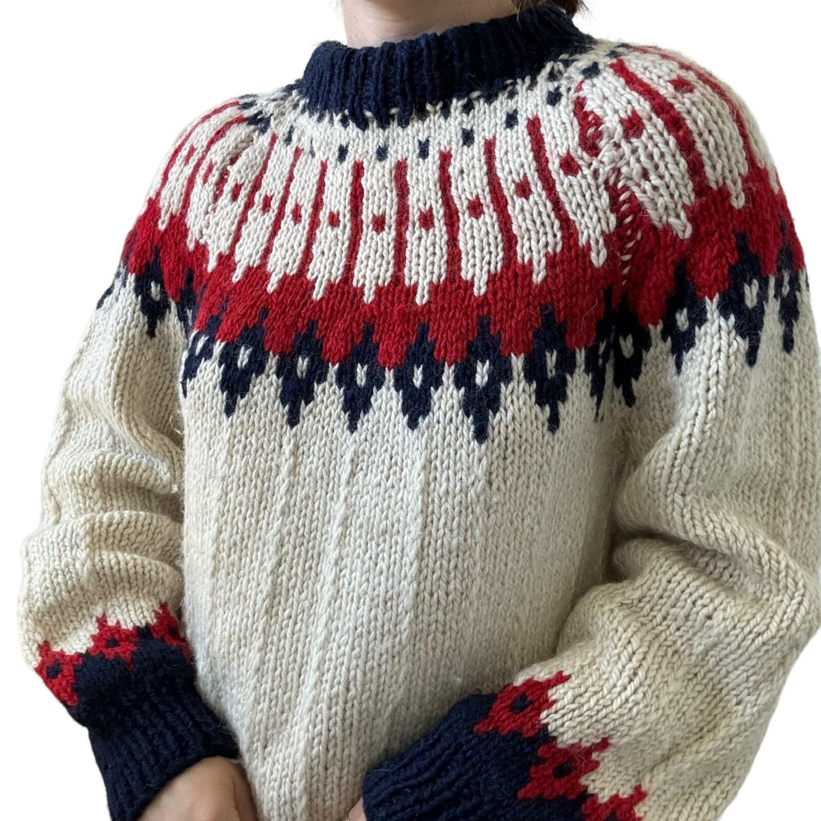 Vintage Womens Hand Knit 100% Wool Chunky Fair Isle Sweater Made in Greece Sz L