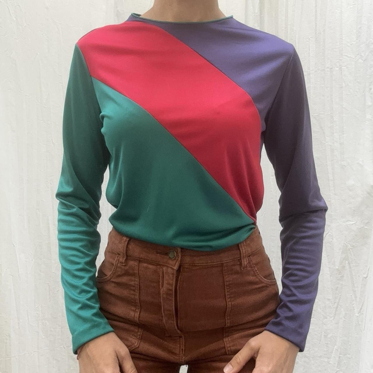 Teal, Red And Purple Colorblock Longsleeve Shirt Vintage 70s Lady Manhattan