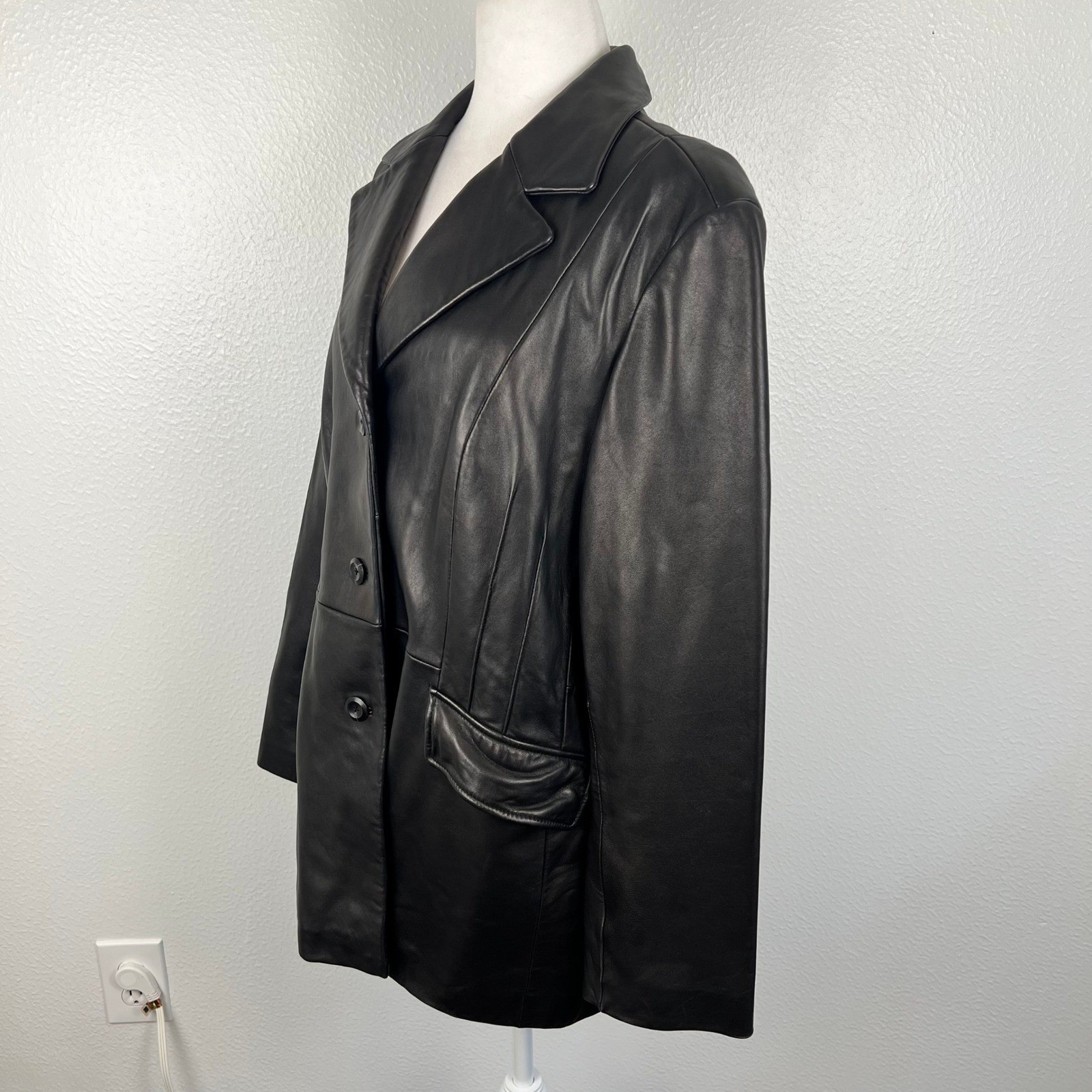 Vintage Lamb Leather Jacket Womens XL Ann Klein Black Old Money Luxury Classic