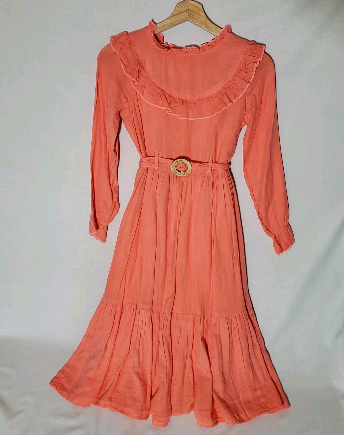 Vintage 70s Prairie Maxi Dress Girls 12 Coral Ruffle Cottagecore Salmon Tie Belt
