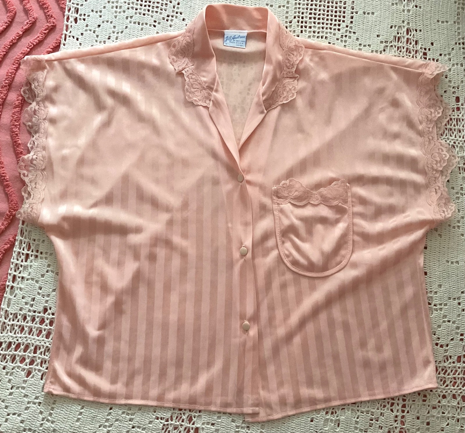 VINTAGE JILL ANDREA OF NY NYLON SZ M 2 PC SHORTIE PJ’S PEACH W/MATCHING LACE TRM
