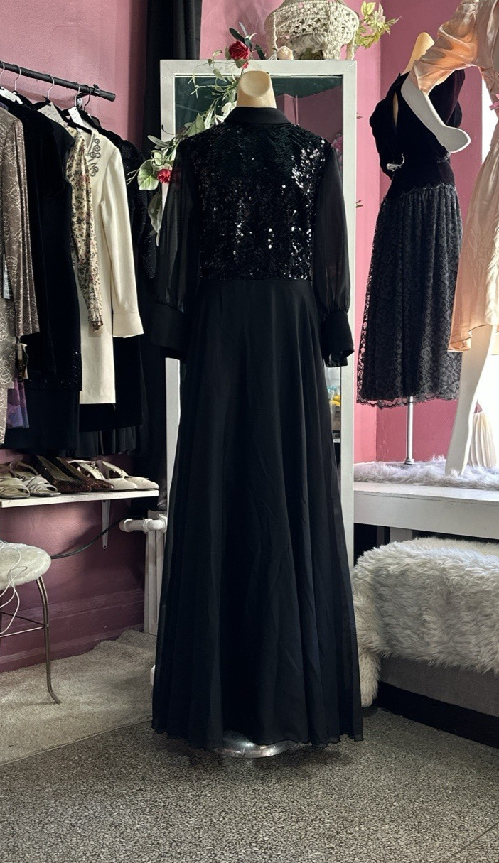 Vintage 60s 70s Formal Maxi Evening Hostess Dress Black Sequins Modest M/L