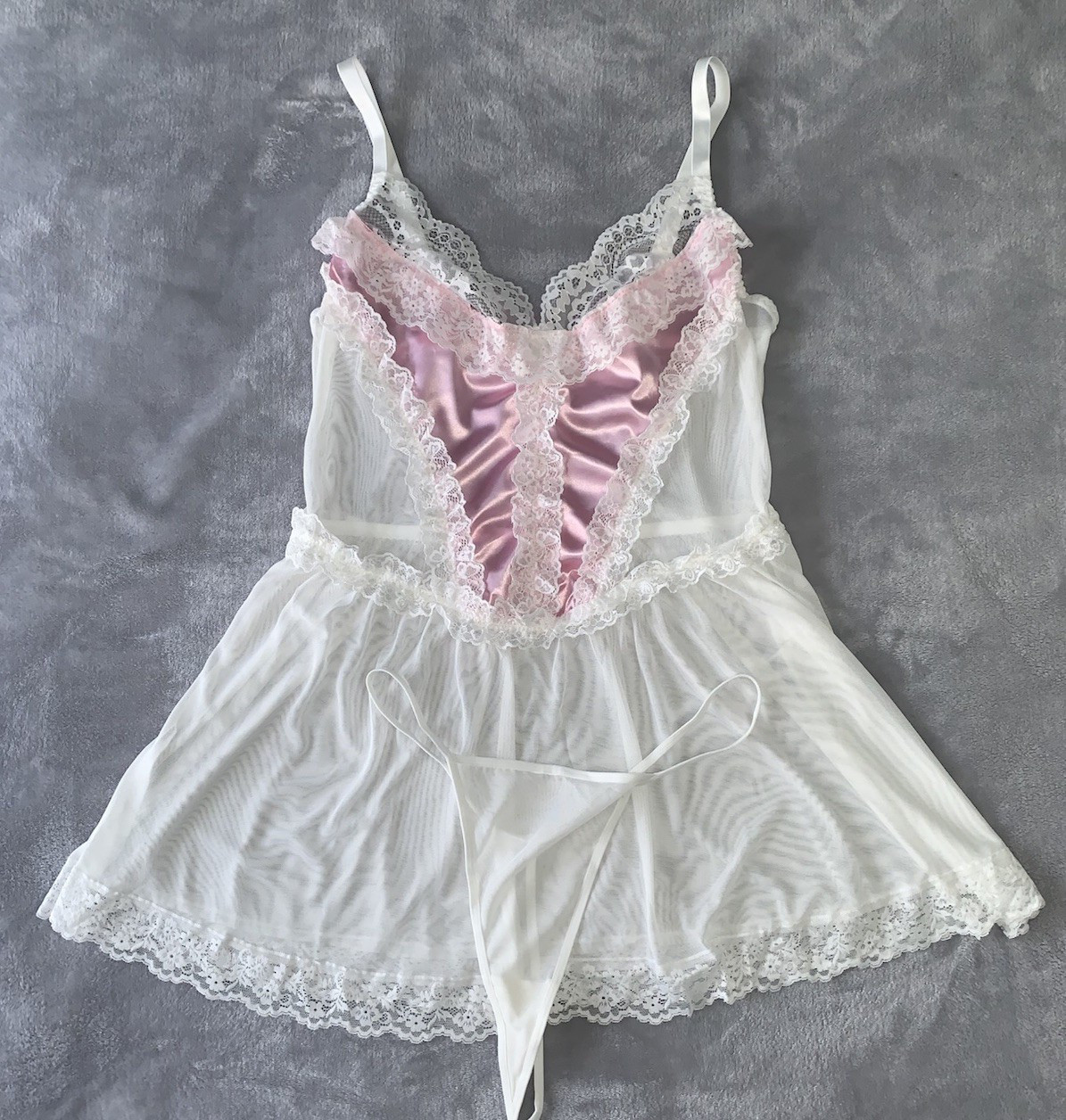 NEW Shiny Satin & Frilly Lacy Nightie 2X Babydoll Negligee Chiffon Sheer 2pc