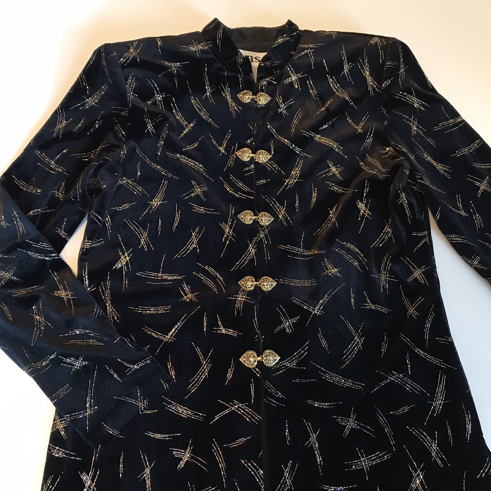VINTAGE JBS Womens M Black Velvet Blazer Metallic Thread Asian Mandarin Collar