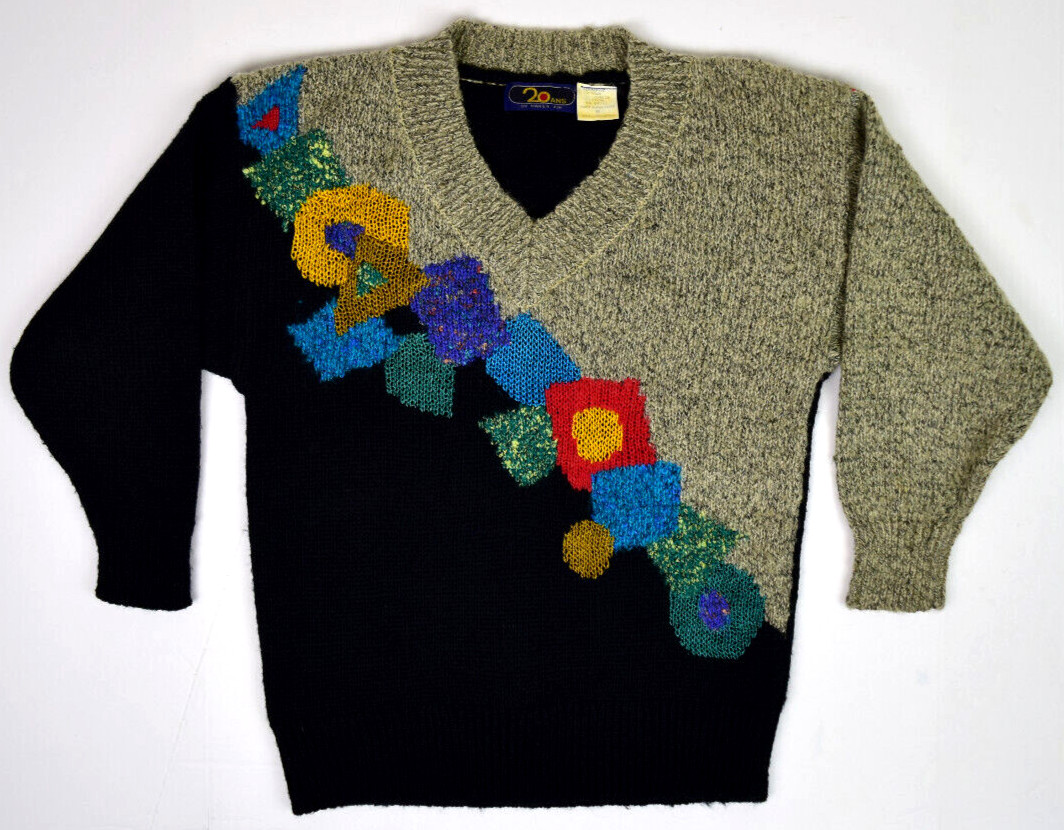 Vintage Sweater Marie Kim Size S/M 80s 2 tone Asymmetric V Neck Colorful Shapes