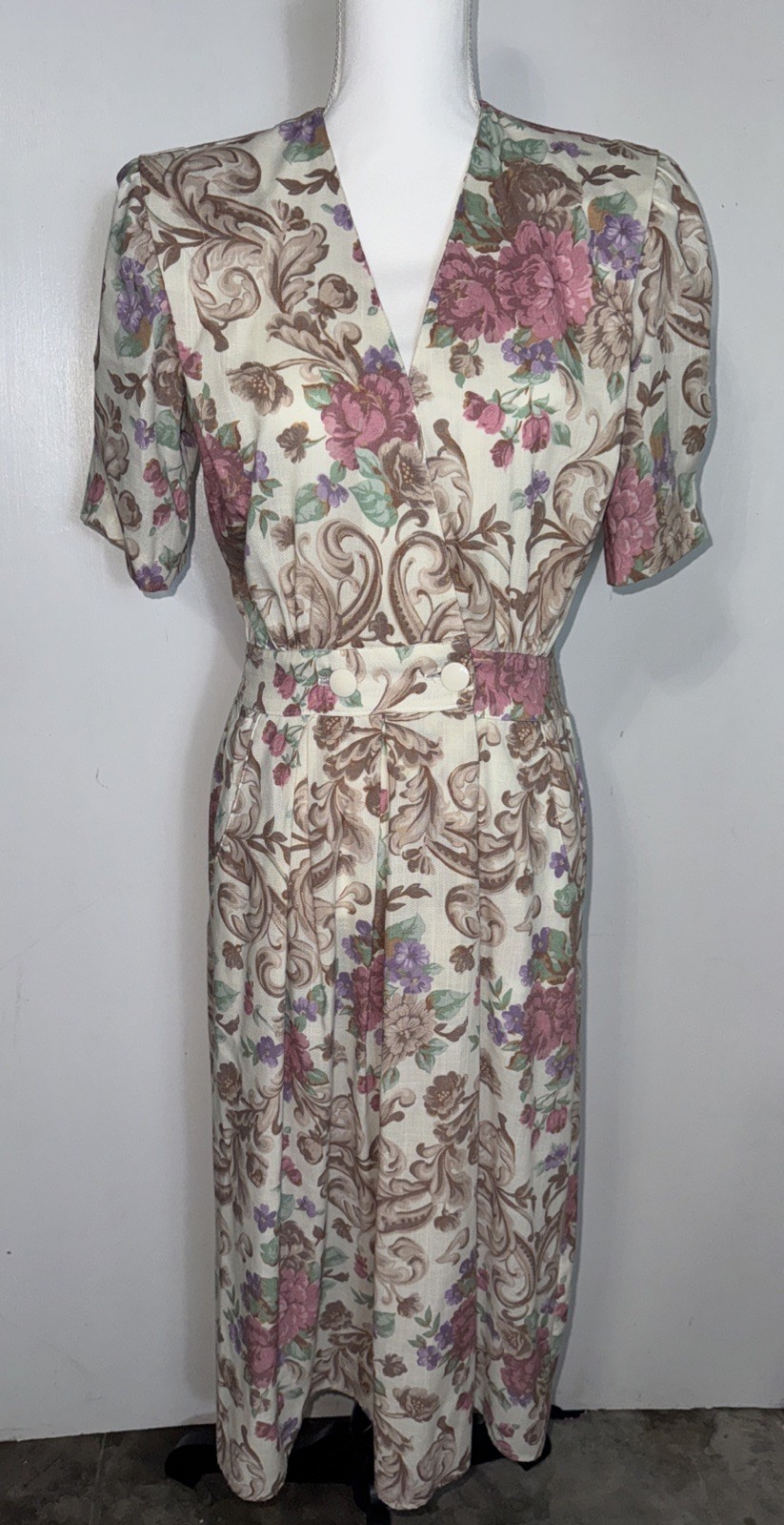 VTG 80s Shirt Dress Stuart Alan Floral Midi A-Line Size 10 Short Sleeve Pockets