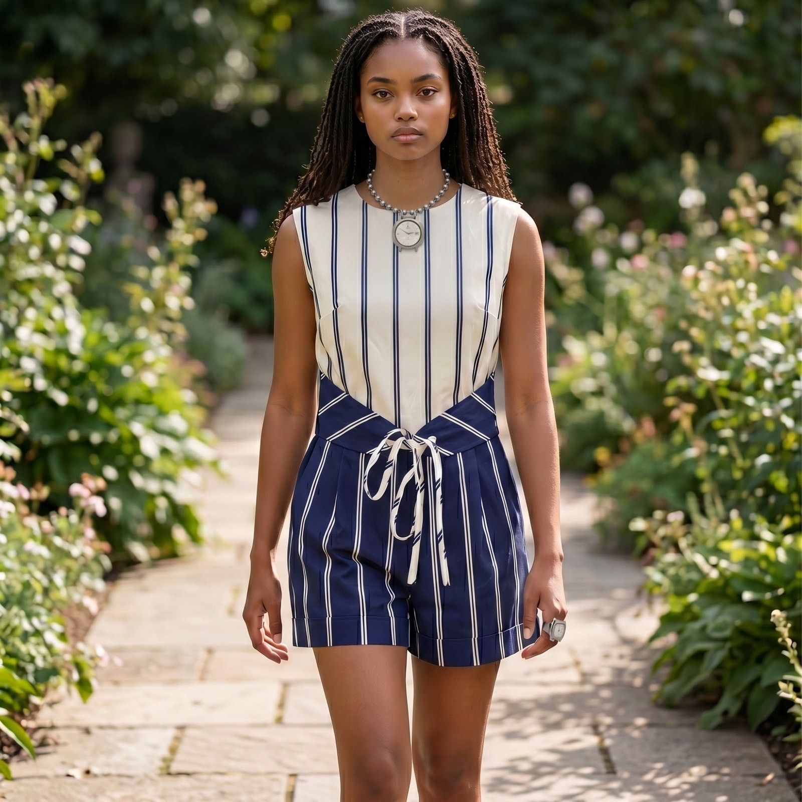 VINTAGE *NEW* 1960’s Blue and White Striped Waist Tie Romper Size 12 Japan