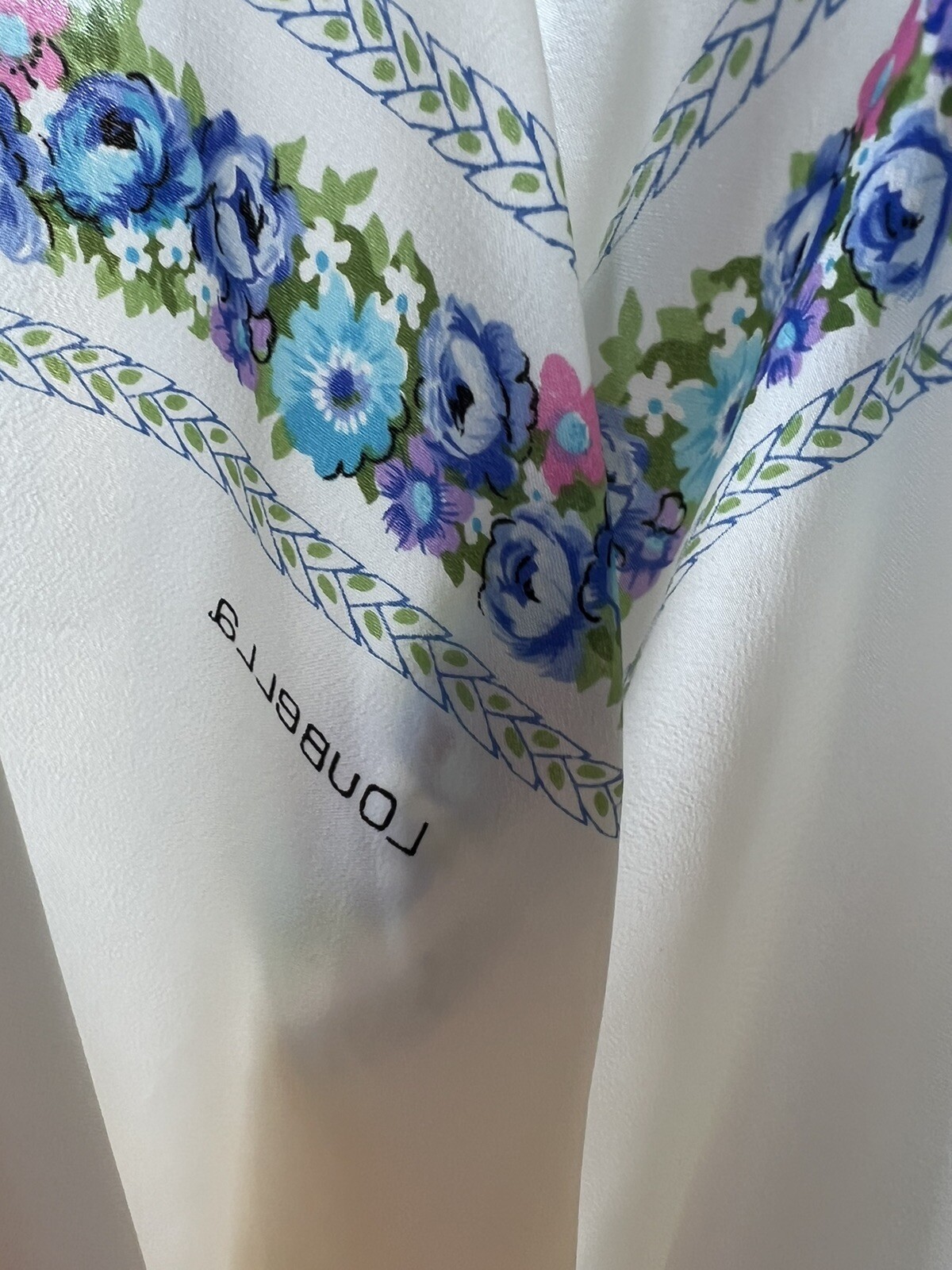 Vtg Blouse sheer white pink blue floral trim Small By Loubella