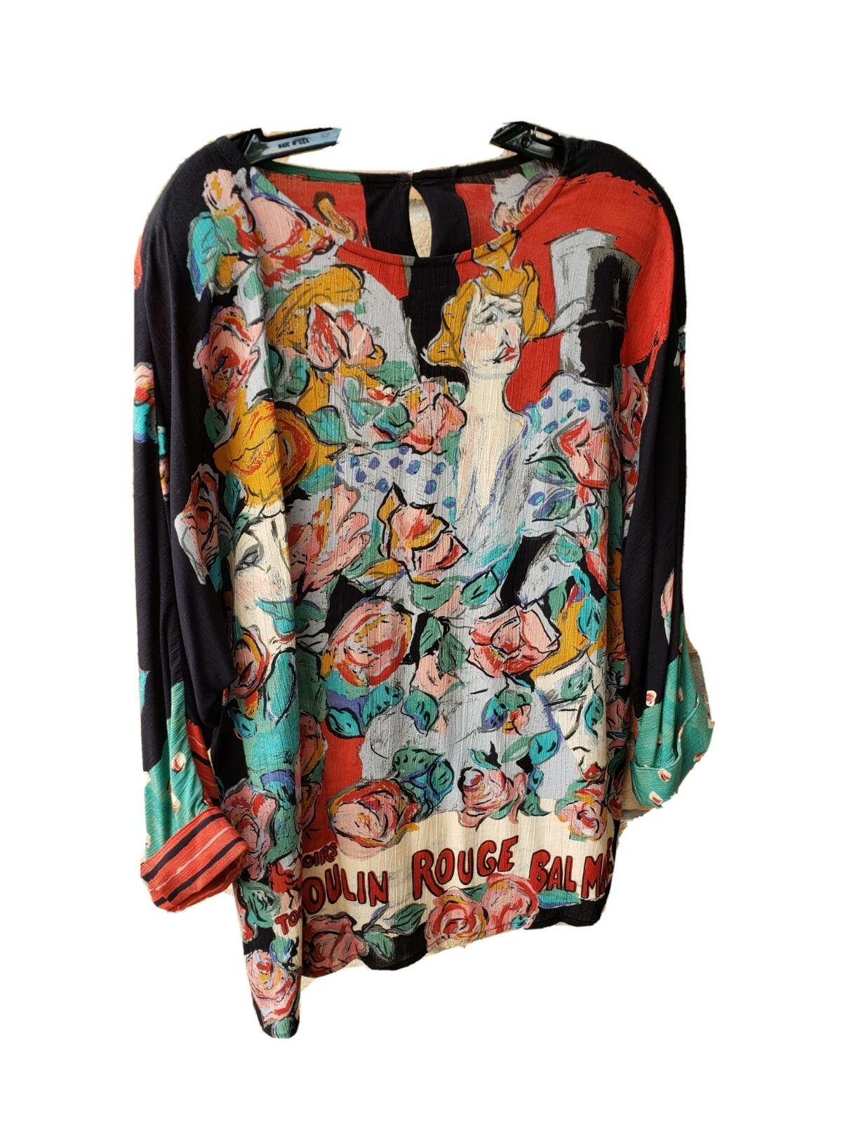 VTG 80s Carole Little Sz 10 Moulin Rouge Tunic Top Dolman Sleeve Art 48″-50″B