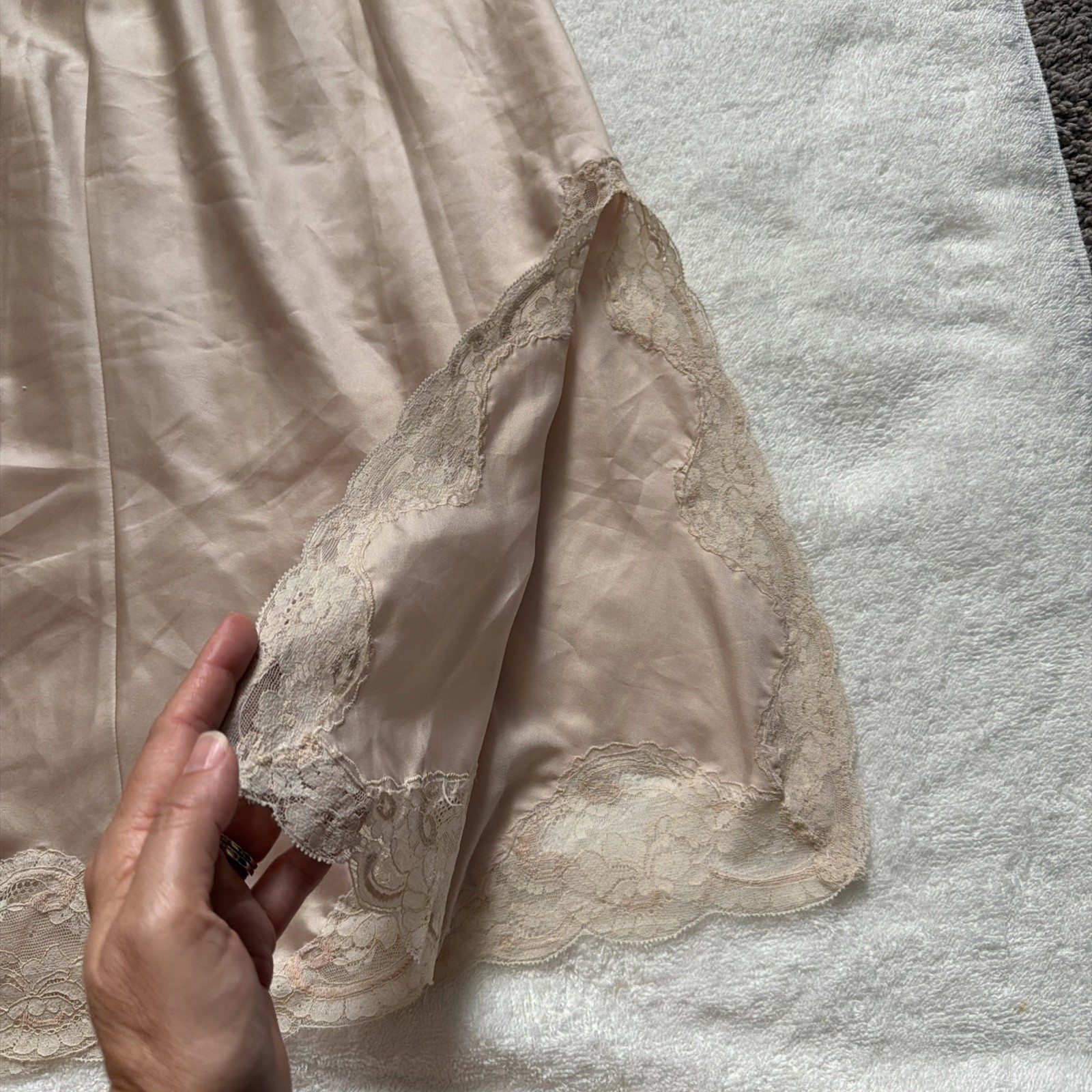 Vintage Christian Dior Intimates beige Satin Half Slip with White Lace Trim