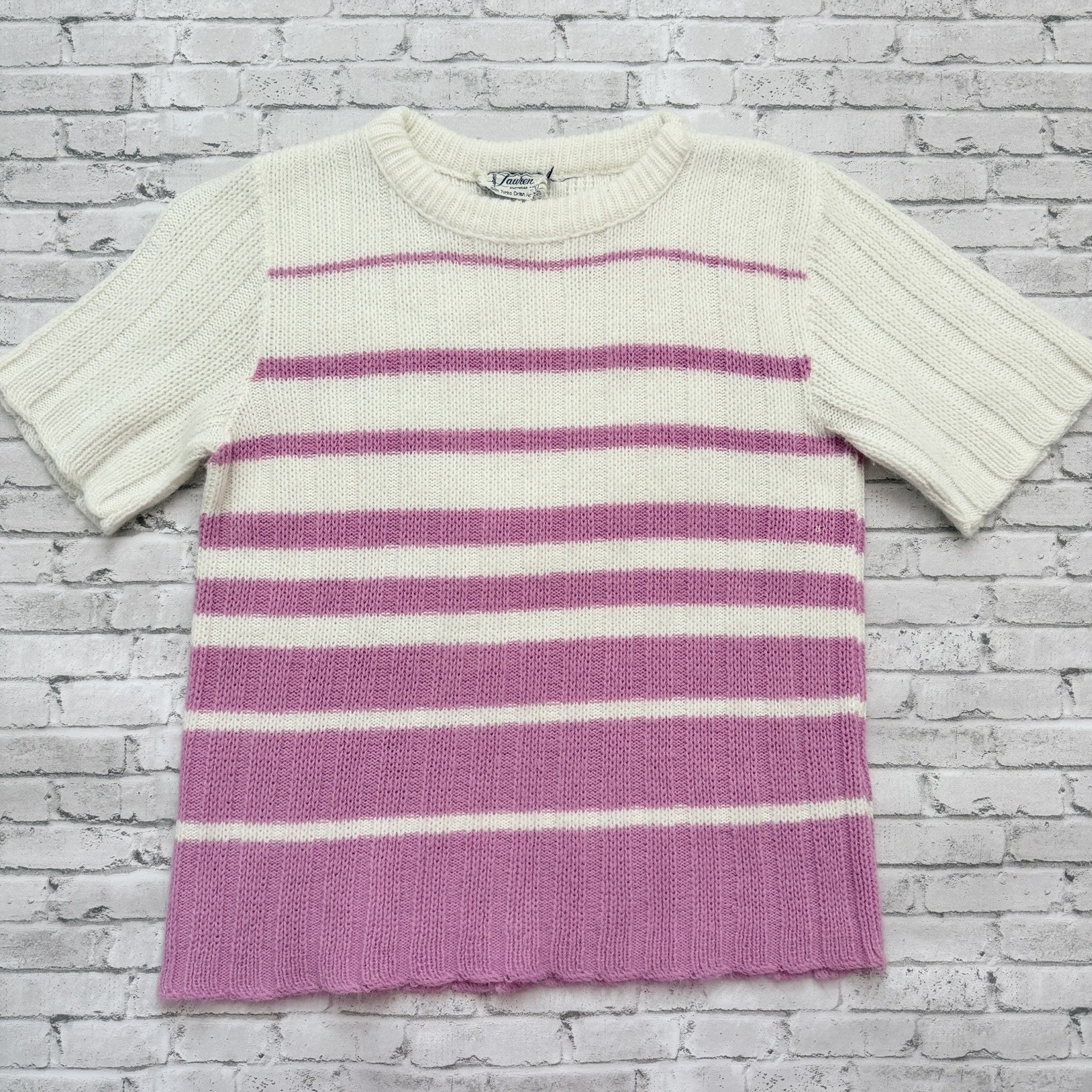 Vintage 1960s Lauren Knitwear Turbo Orlon Purple Striped Short Sleeve Sweater