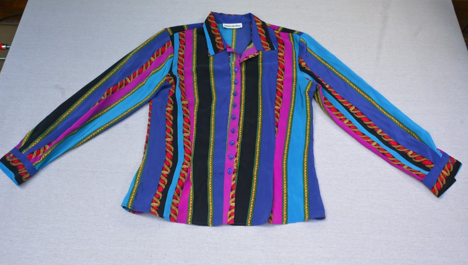 Helene St. Marie Vintage 90s Womens S Baroque Scarf Print Blouse Rope Chain Bold