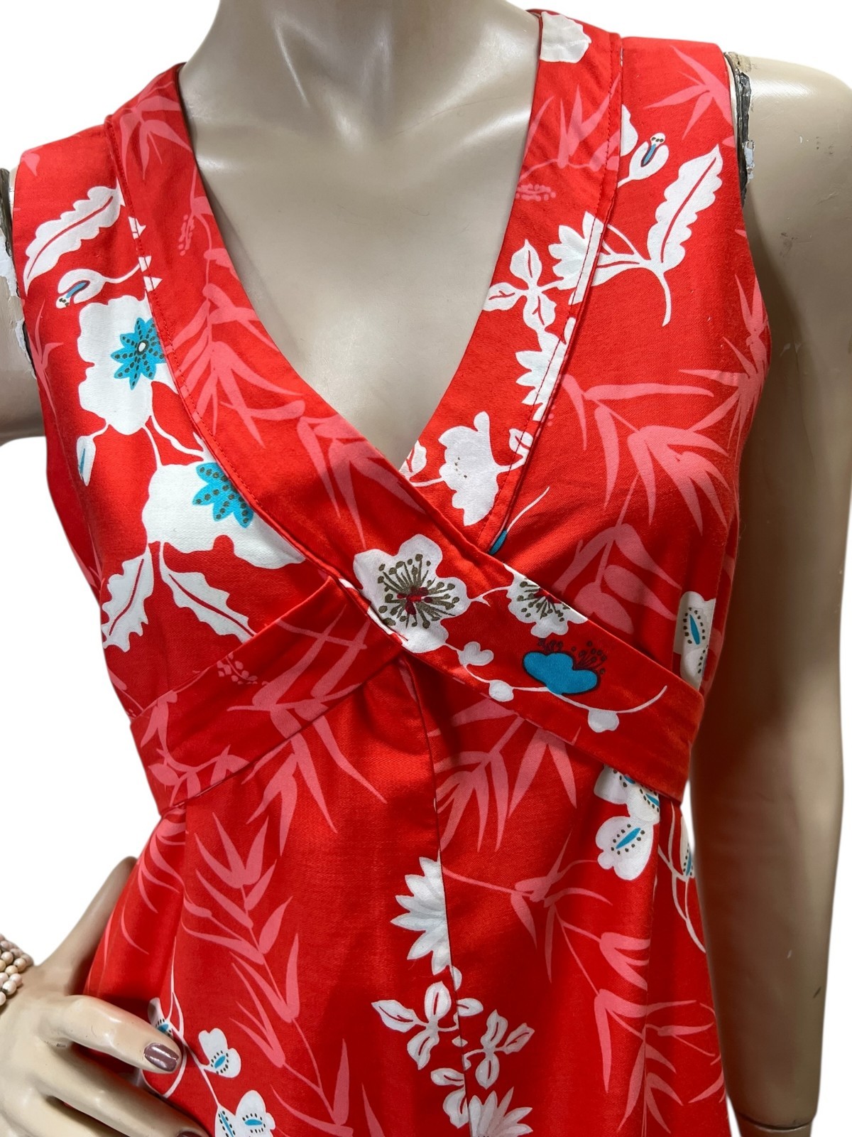 Sz M Vtg 70s Maxi Dress Cross Tie Coral Floral Polished Cotton Center Split