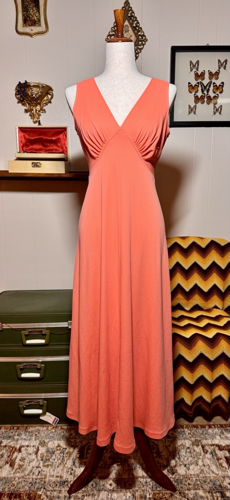 Vintage 70s Coral Empire Waist Maxi Dress Sleeveless Disco Boho Womens S M