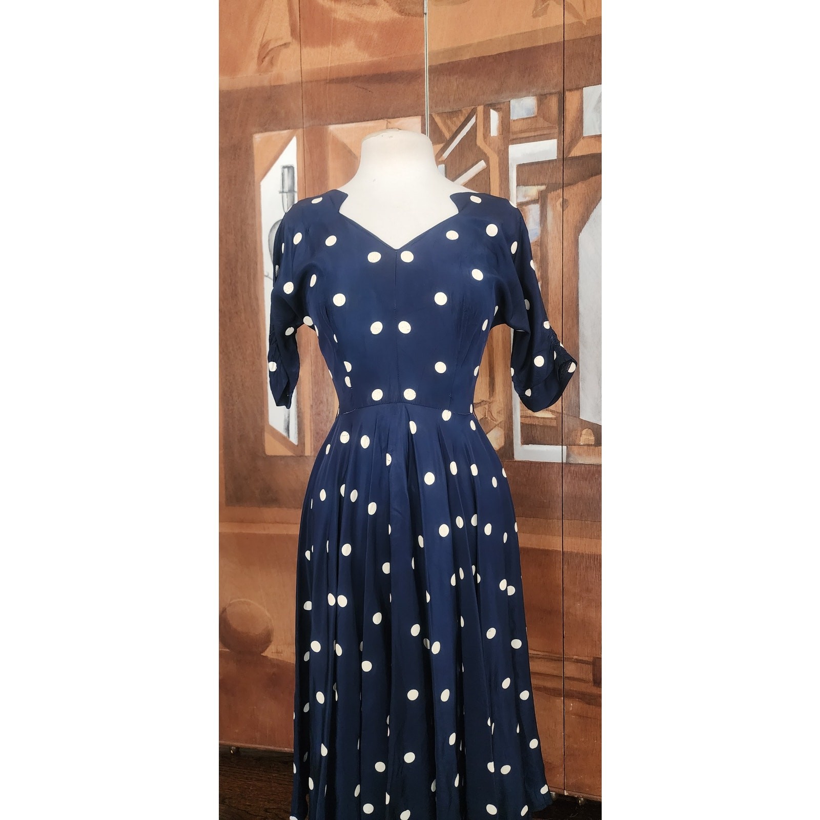 Vintage 1950s Lilli Diamond Dress Blue White Polka Dot Print Midi / S